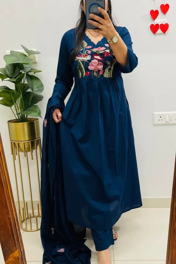 Floral_embroidered_Pure_Cotton_V_Neck_Blue_Kurta_Trouser_&_Dupatta_Set