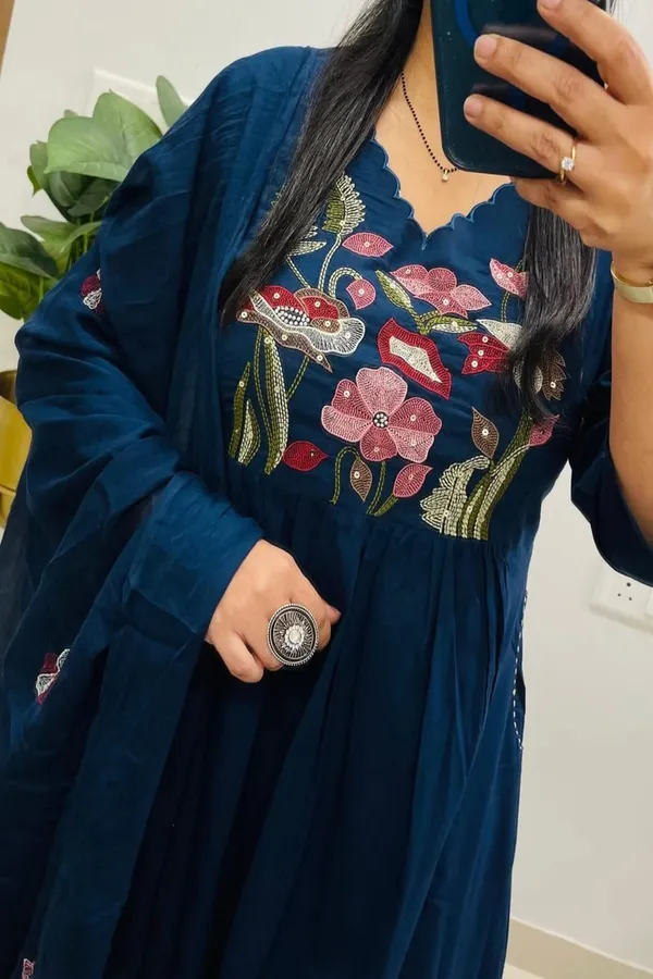 Floral_embroidered_Pure_Cotton_V_Neck_Blue_Kurta_Trouser_&_Dupatta_Set