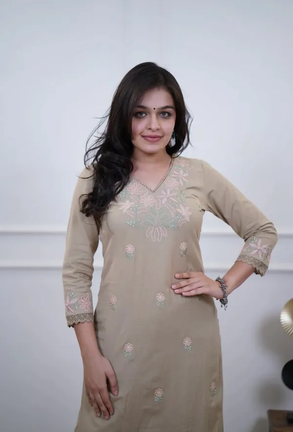 Floral_embroidered_Pure_Cotton_V_Neck_Sand_Beige_Kurta_&_Trouser_Set