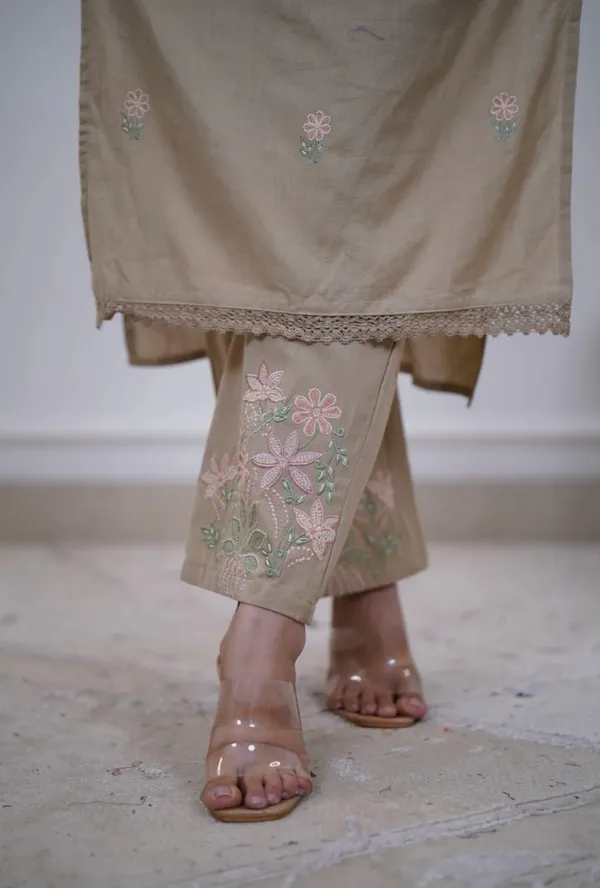 Floral_embroidered_Pure_Cotton_V_Neck_Sand_Beige_Kurta_&_Trouser_Set