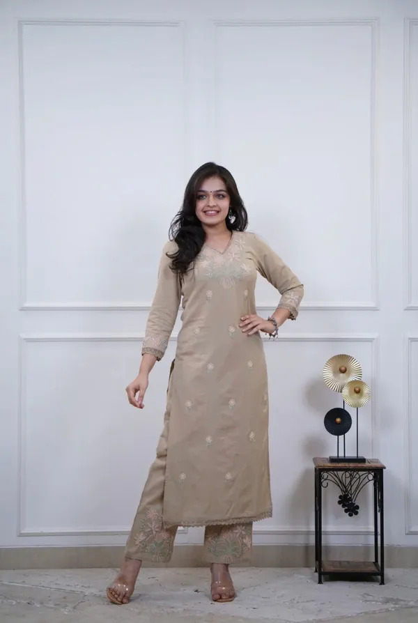 Floral_embroidered_Pure_Cotton_V_Neck_Sand_Beige_Kurta_&_Trouser_Set