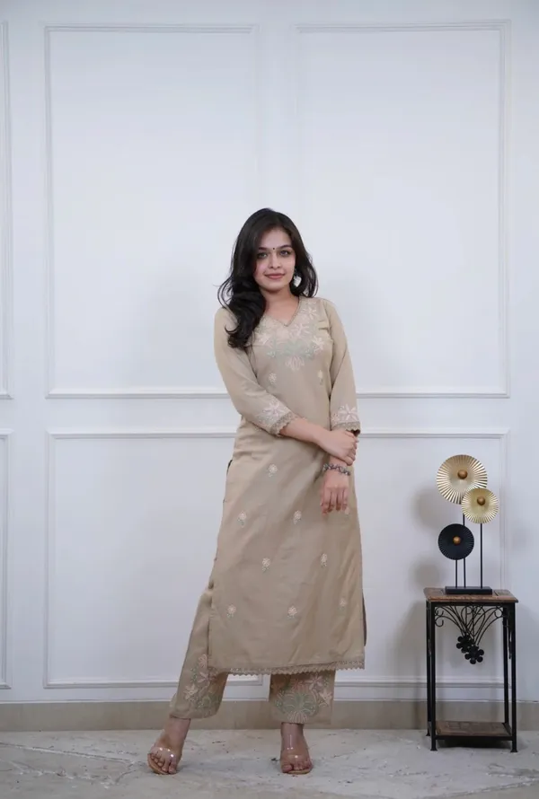 Floral_embroidered_Pure_Cotton_V_Neck_Sand_Beige_Kurta_&_Trouser_Set
