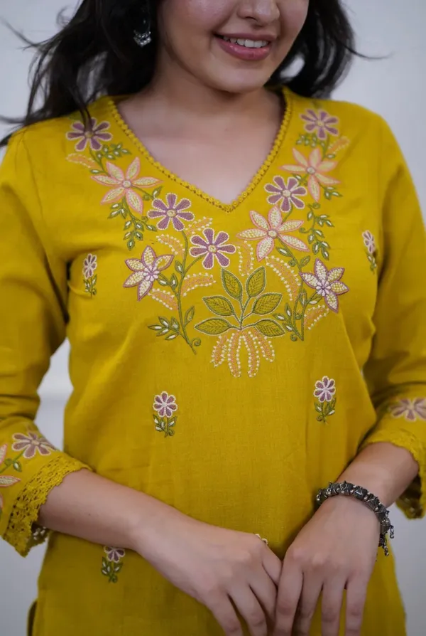 Floral_embroidered_Pure_Cotton_V_Neck_Yellow_Kurta_&_Trouser_Set
