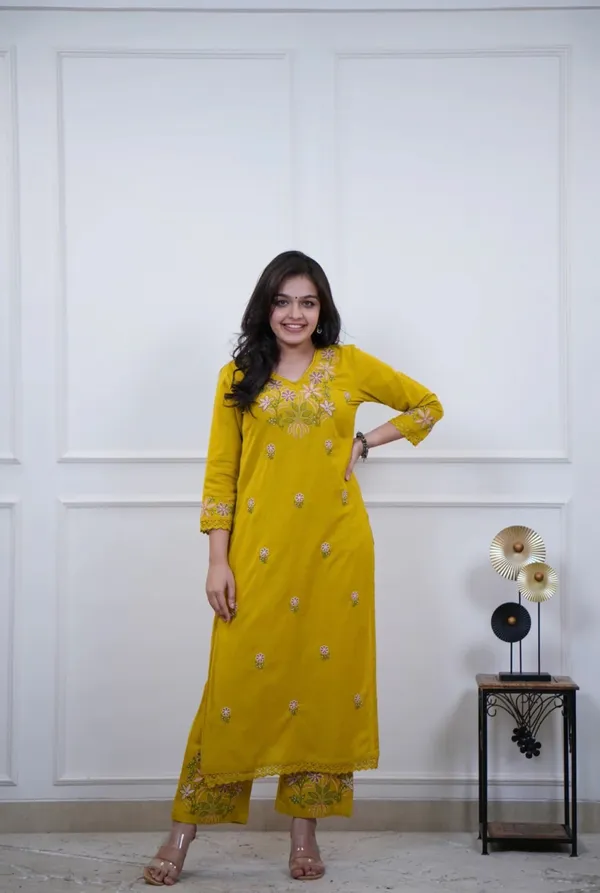 Floral_embroidered_Pure_Cotton_V_Neck_Yellow_Kurta_&_Trouser_Set