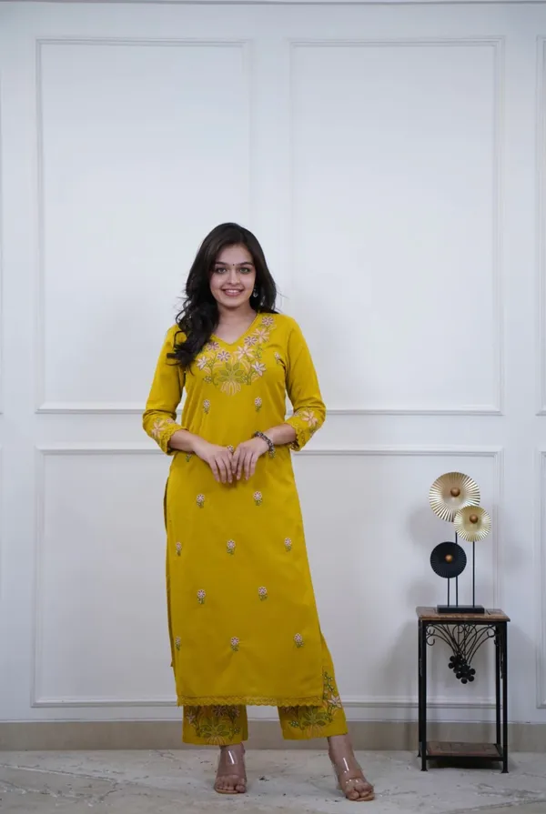 Floral_embroidered_Pure_Cotton_V_Neck_Yellow_Kurta_&_Trouser_Set
