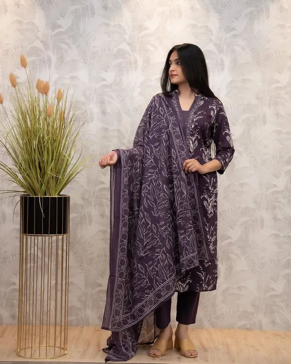Floral_Printed_Pure_Cotton_Round_Neck_Blue_Kurta_Trouser_&_Dupatta_Set