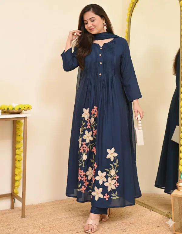 Floral_embroidered_Pure_Cotton_Round_Neck_Blue_Kurta_Trouser_&_Dupatta_Set