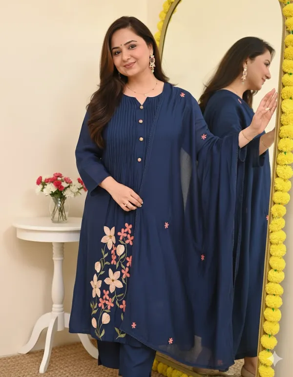 Floral_embroidered_Pure_Cotton_Round_Neck_Blue_Kurta_Trouser_&_Dupatta_Set