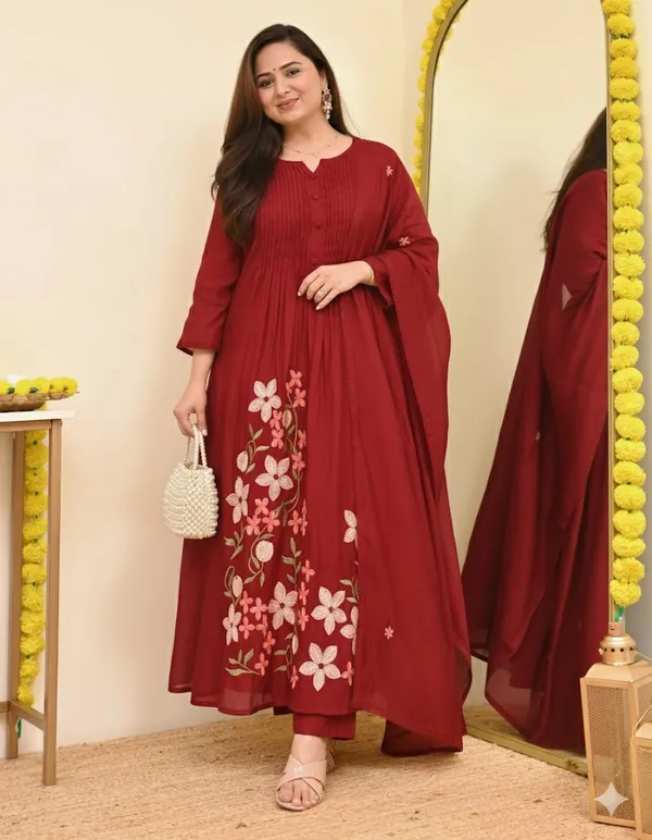 Floral_embroidered_Pure_Cotton_Round_Neck_Red_Kurta_Trouser_&_Dupatta_Set
