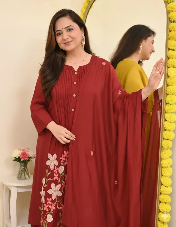 Floral_embroidered_Pure_Cotton_Round_Neck_Red_Kurta_Trouser_&_Dupatta_Set