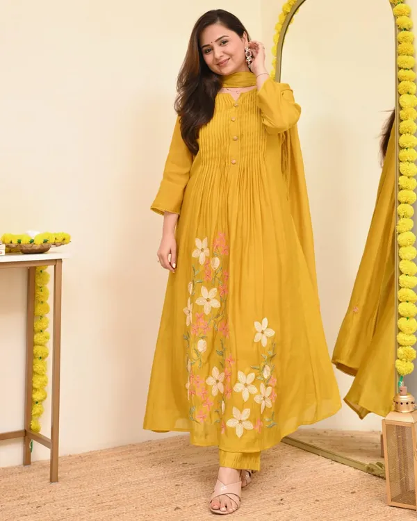 Floral_embroidered_Pure_Cotton_Round_Neck_Yellow_Kurta_Trouser_&_Dupatta_Set