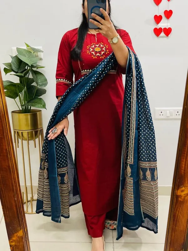 Floral_embroidered_Pure_Cotton_Round_Neck_Red_Kurta_Trouser_&_Dupatta_Set