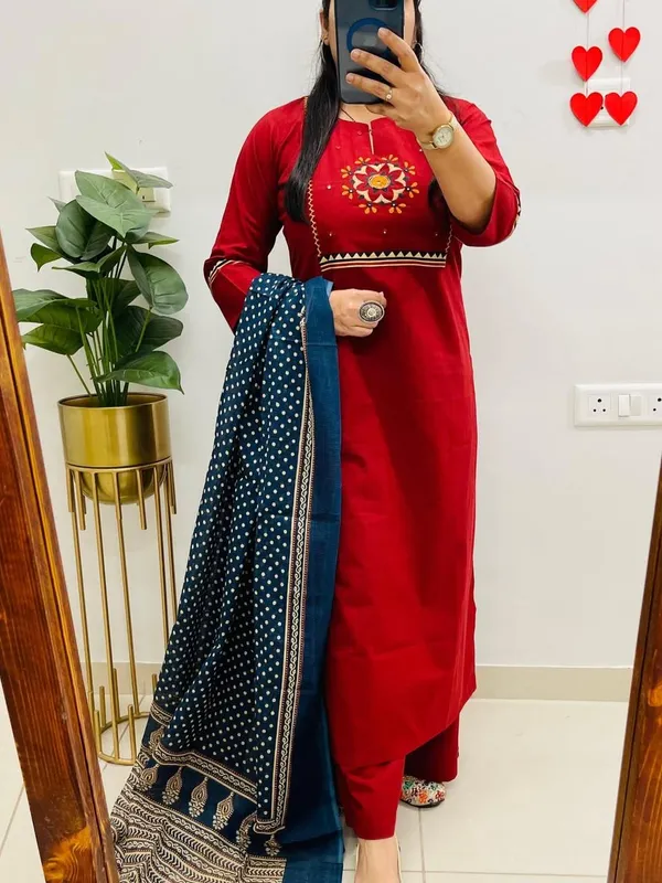 Floral_embroidered_Pure_Cotton_Round_Neck_Red_Kurta_Trouser_&_Dupatta_Set