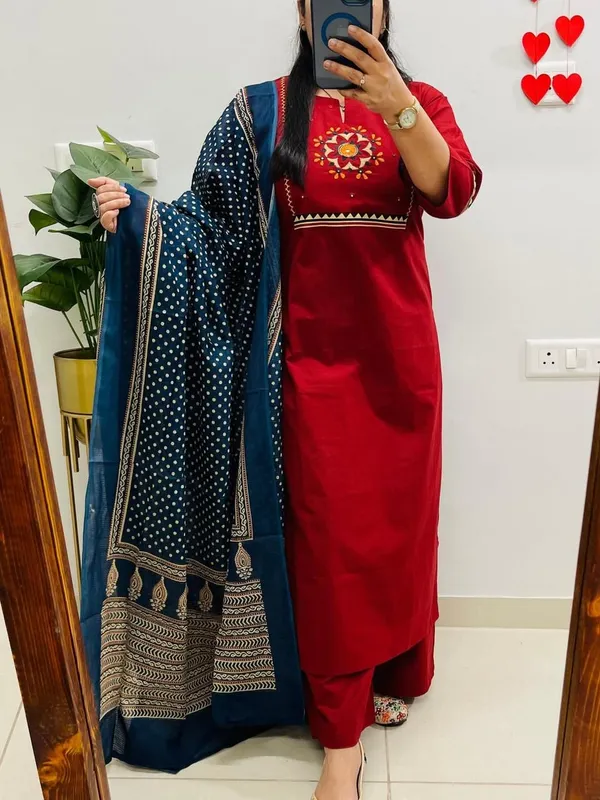 Floral_embroidered_Pure_Cotton_Round_Neck_Red_Kurta_Trouser_&_Dupatta_Set