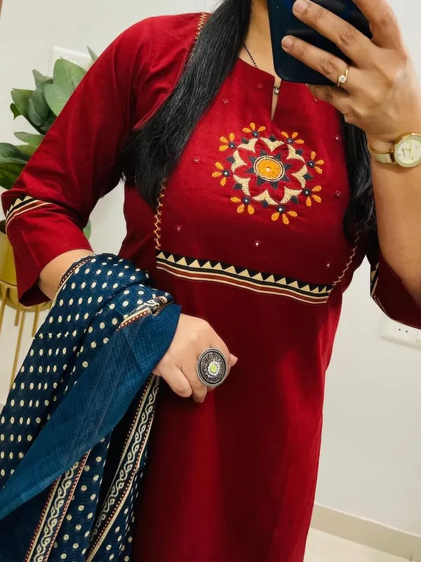 Floral_embroidered_Pure_Cotton_Round_Neck_Red_Kurta_Trouser_&_Dupatta_Set