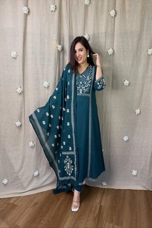 Floral_embroidered_Pure_Cotton_V_Neck_Blue_Kurta_Trouser_&_Dupatta_Set