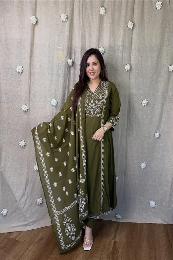 Floral_embroidered_Pure_Cotton_V_Neck_Green_Kurta_Trouser_&_Dupatta_Set