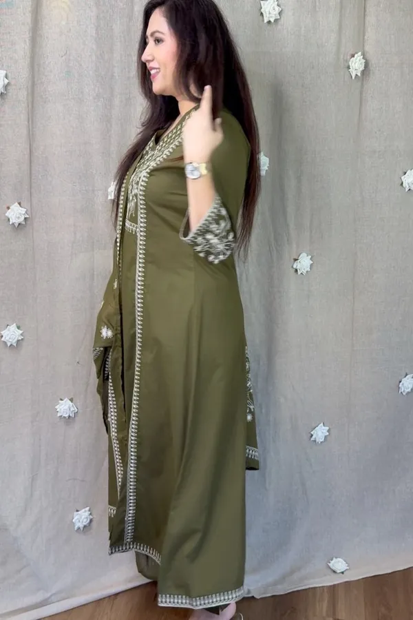 Floral_embroidered_Pure_Cotton_V_Neck_Green_Kurta_Trouser_&_Dupatta_Set