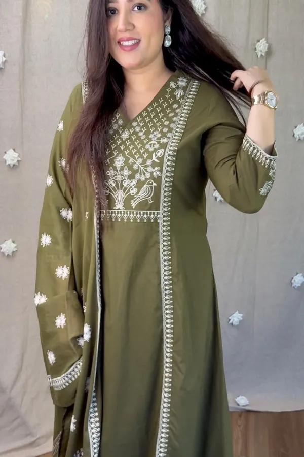Floral_embroidered_Pure_Cotton_V_Neck_Green_Kurta_Trouser_&_Dupatta_Set