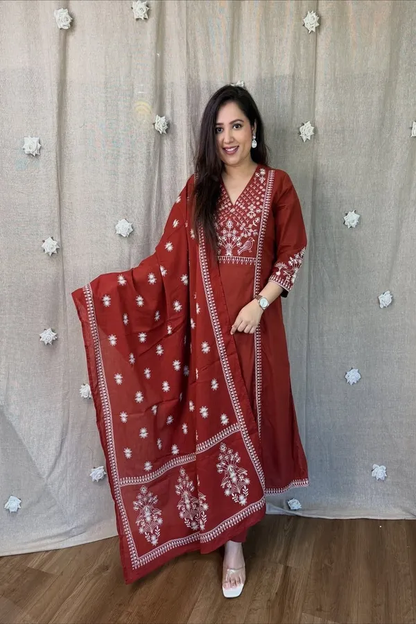 Floral_embroidered_Pure_Cotton_V_Neck_Red_Kurta_Trouser_&_Dupatta_Set