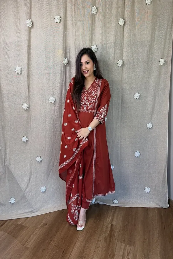 Floral_embroidered_Pure_Cotton_V_Neck_Red_Kurta_Trouser_&_Dupatta_Set