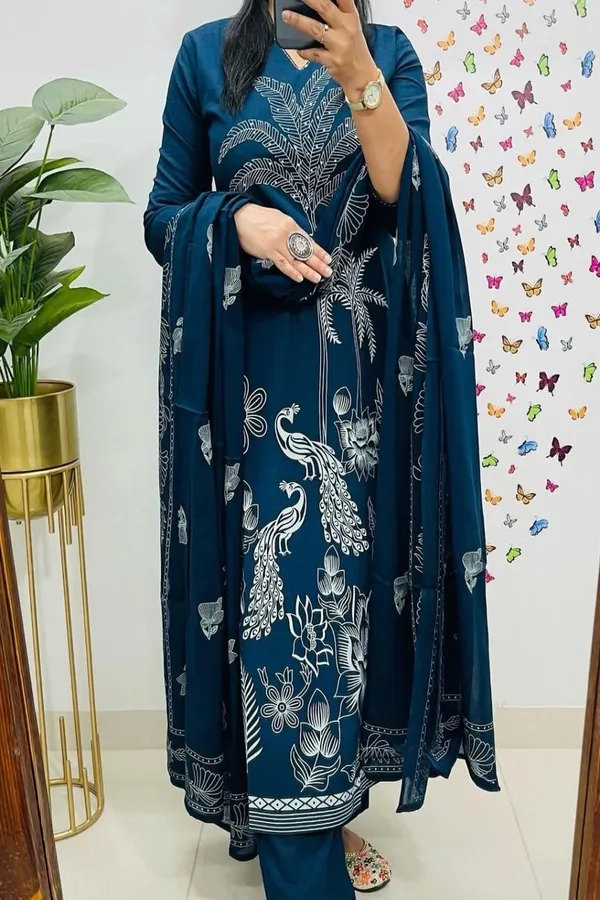 Floral_embroidered_Pure_Cotton_V_Neck_Blue_Kurta_Trouser_&_Dupatta_Set
