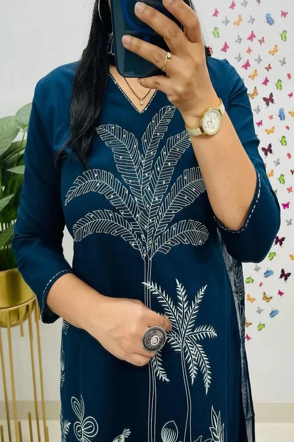 Floral_embroidered_Pure_Cotton_V_Neck_Blue_Kurta_Trouser_&_Dupatta_Set