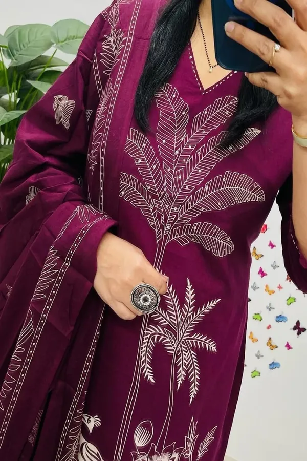 Floral_embroidered_Pure_Cotton_V_Neck_Purple_Kurta_Trouser_&_Dupatta_Set