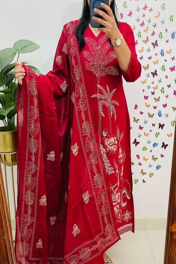 Floral_embroidered_Pure_Cotton_V_Neck_Red_Kurta_Trouser_&_Dupatta_Set