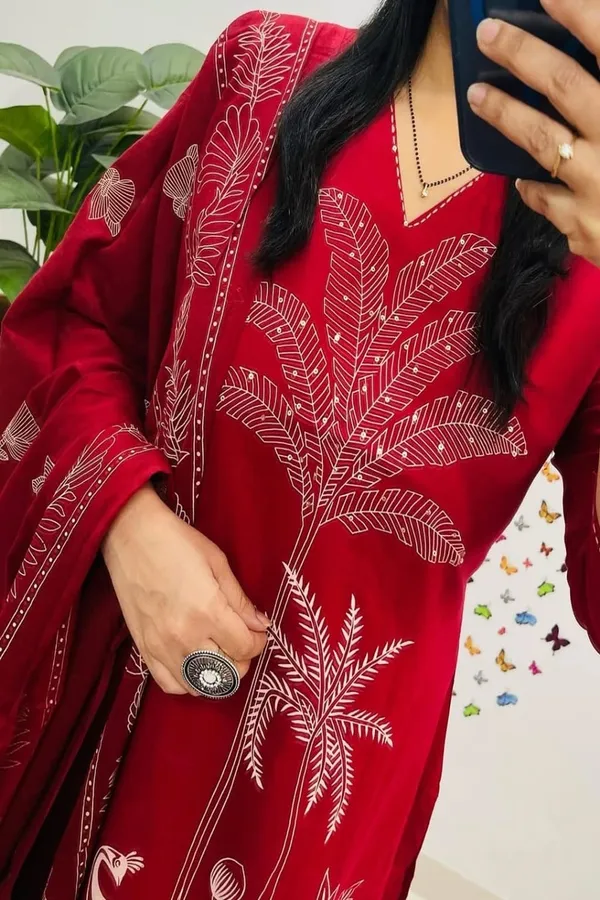 Floral_embroidered_Pure_Cotton_V_Neck_Red_Kurta_Trouser_&_Dupatta_Set