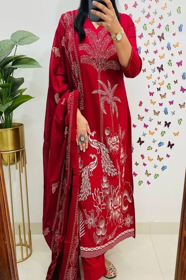 Floral_embroidered_Pure_Cotton_V_Neck_Red_Kurta_Trouser_&_Dupatta_Set