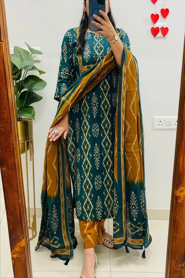 Floral_Printed_Pure_Cotton_Round_Neck_Black_Kurta_Trouser_&_Dupatta_Set