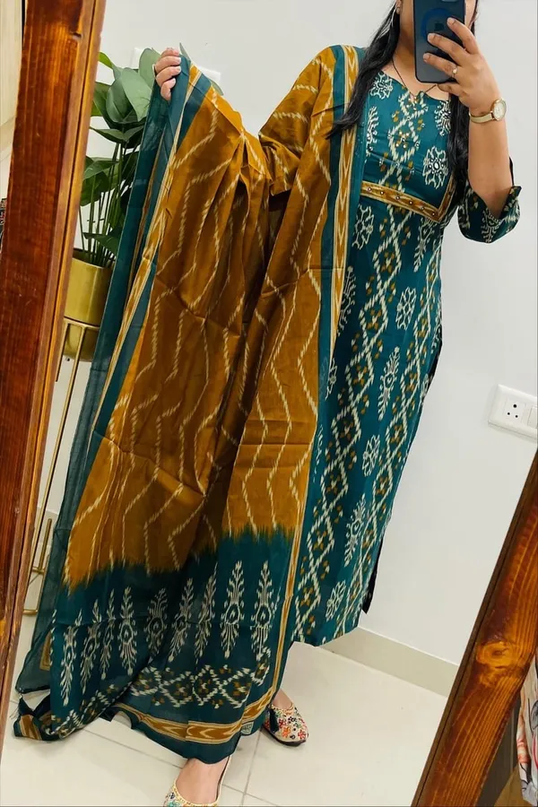 Floral_Printed_Pure_Cotton_Round_Neck_Black_Kurta_Trouser_&_Dupatta_Set