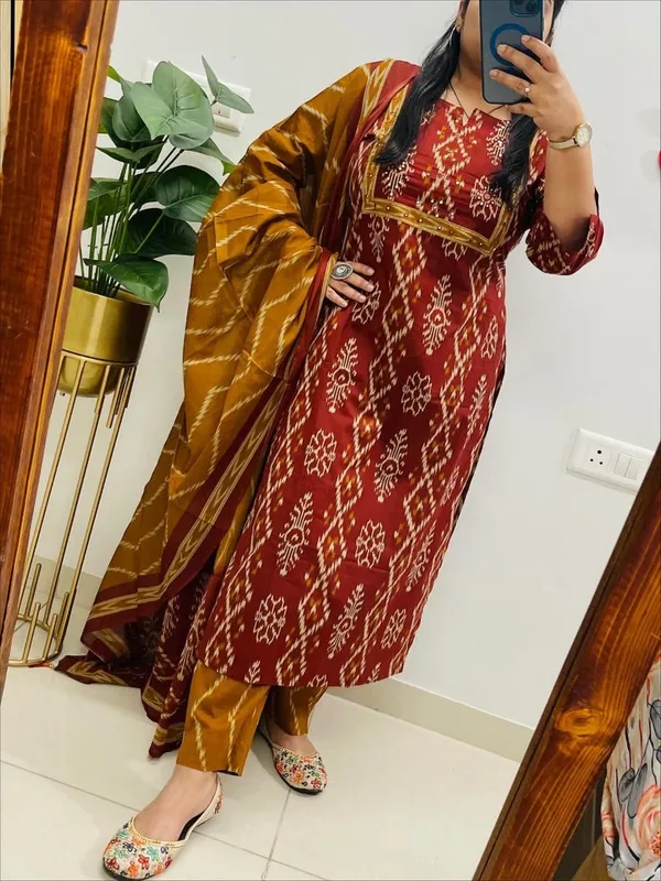 Floral_Printed_Pure_Cotton_Round_Neck_Red_Kurta_Trouser_&_Dupatta_Set