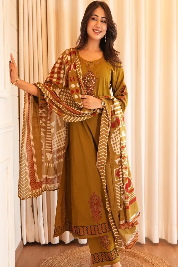 Floral_embroidered_Pure_Cotton_Round_Neck_Yellow_Kurta_Trouser_&_Dupatta_Set