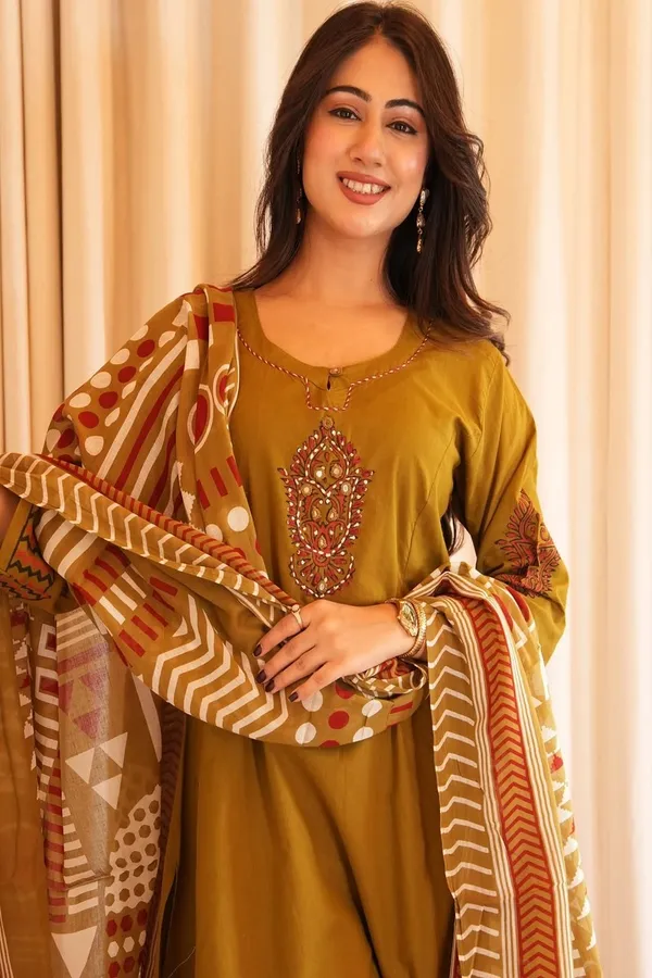 Floral_embroidered_Pure_Cotton_Round_Neck_Yellow_Kurta_Trouser_&_Dupatta_Set