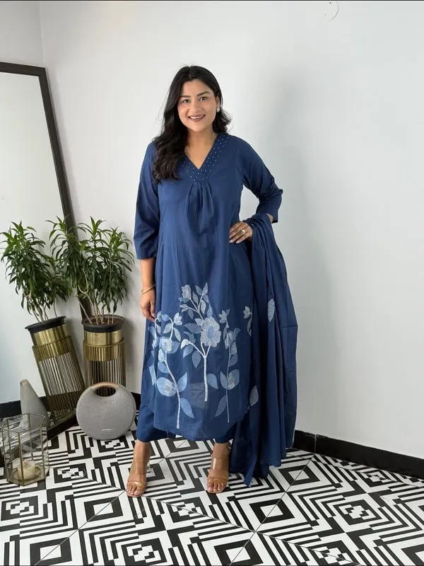 Floral_Printed_Pure_Cotton_V_Neck_Blue_Kurta_Trouser_&_Dupatta_Set