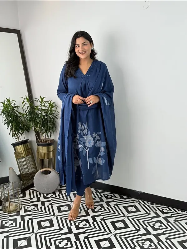 Floral_Printed_Pure_Cotton_V_Neck_Blue_Kurta_Trouser_&_Dupatta_Set