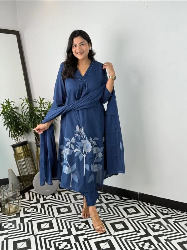 Floral_Printed_Pure_Cotton_V_Neck_Blue_Kurta_Trouser_&_Dupatta_Set