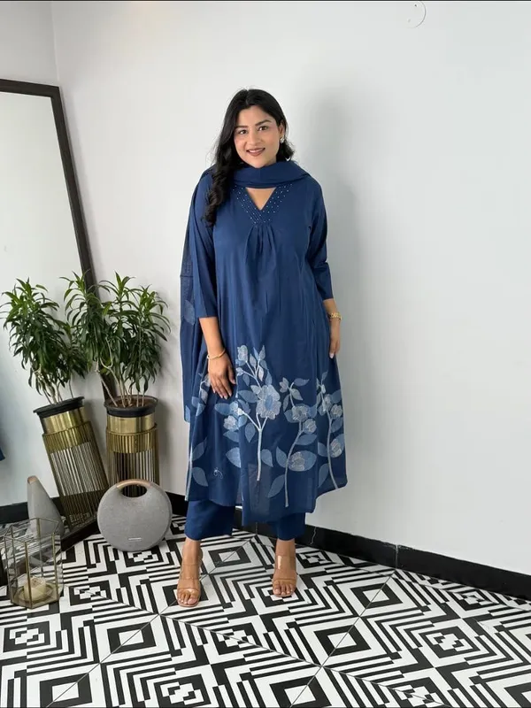 Floral_Printed_Pure_Cotton_V_Neck_Blue_Kurta_Trouser_&_Dupatta_Set