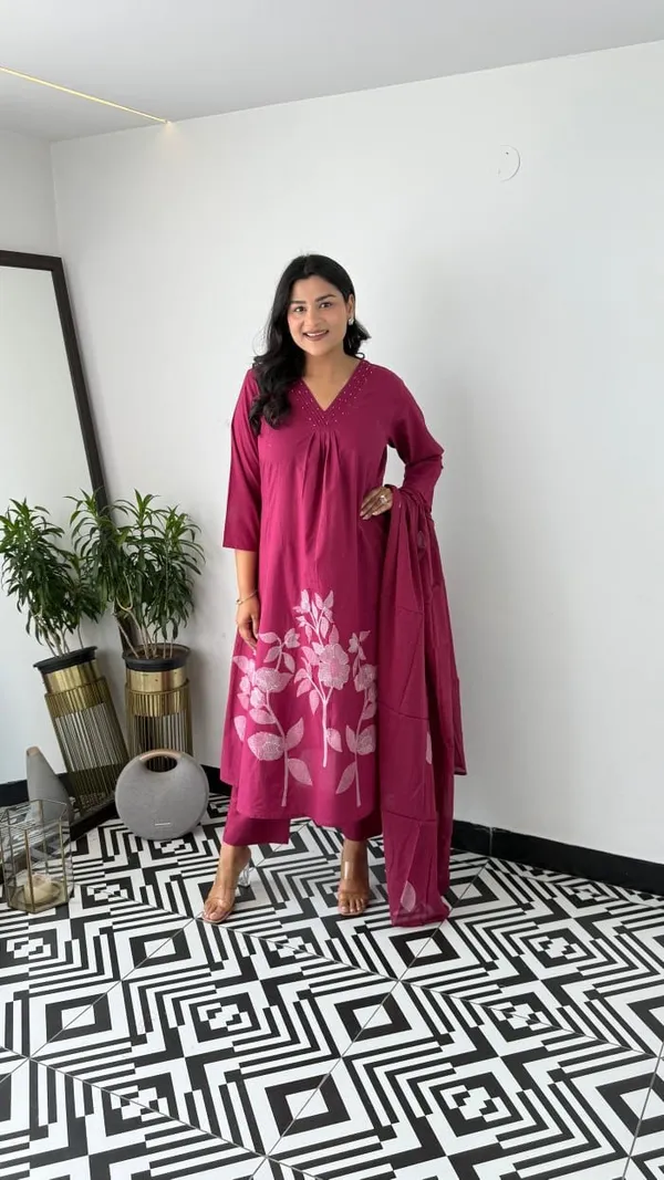 Floral_Printed_Pure_Cotton_V_Neck_Wine_Kurta_Trouser_&_Dupatta_Set