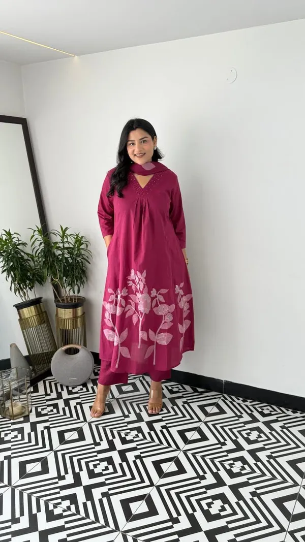 Floral_Printed_Pure_Cotton_V_Neck_Wine_Kurta_Trouser_&_Dupatta_Set