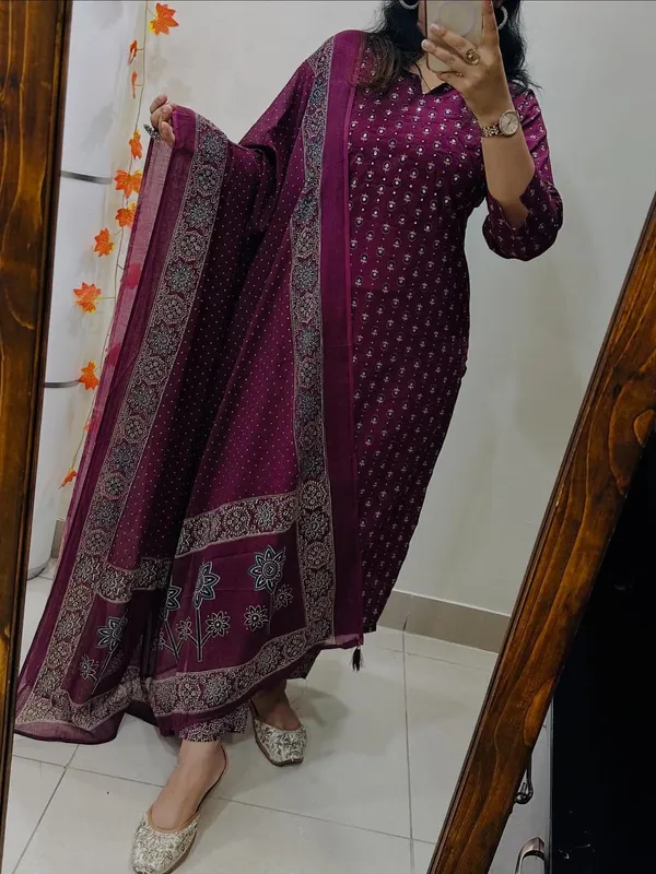 Floral_Printed_Pure_Cotton_Round_Neck_Purple_Kurta_Trouser_&_Dupatta_Set