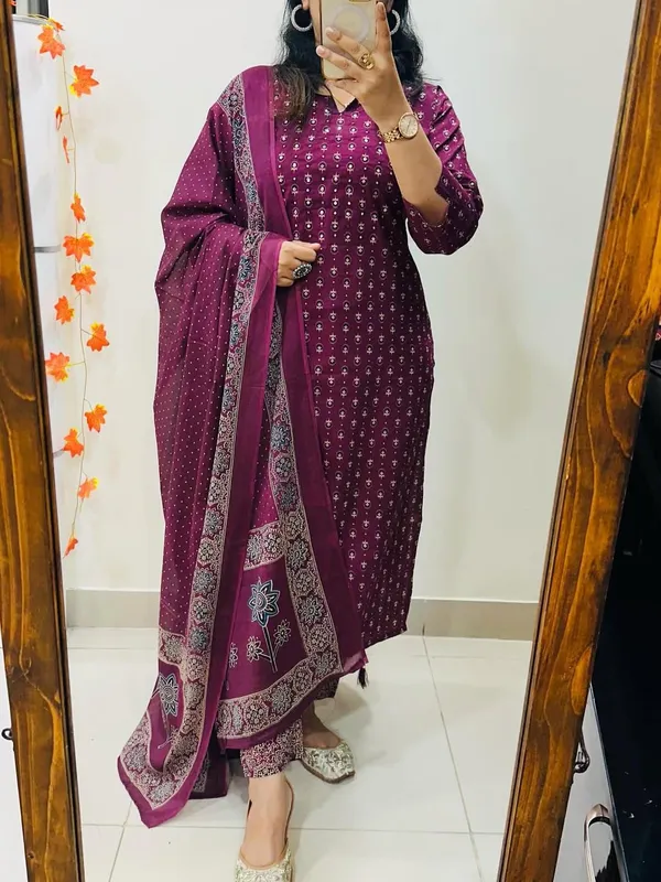Floral_Printed_Pure_Cotton_Round_Neck_Purple_Kurta_Trouser_&_Dupatta_Set
