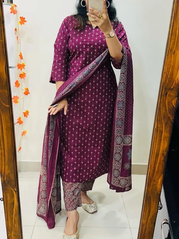 Floral_Printed_Pure_Cotton_Round_Neck_Purple_Kurta_Trouser_&_Dupatta_Set