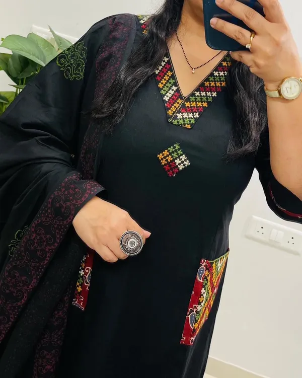 Floral_embroidered_Pure_Cotton_V_Neck_Black_Kurta_Trouser_&_Dupatta_Set