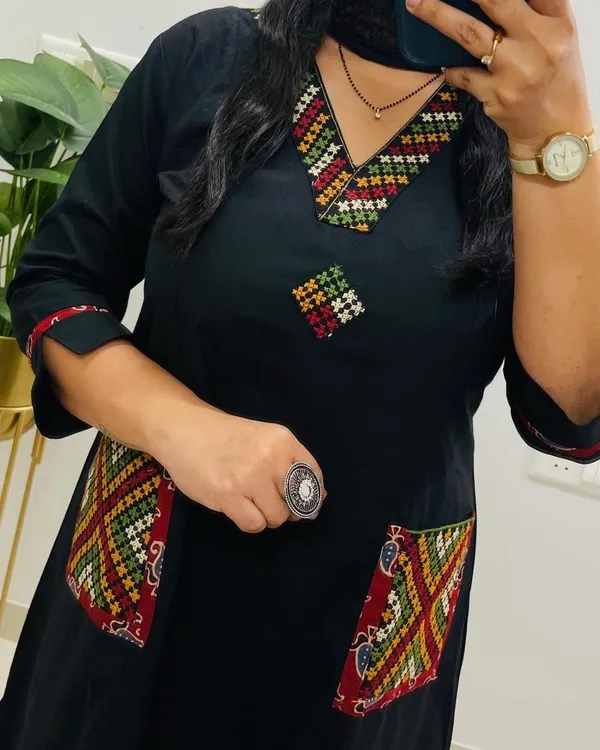 Floral_embroidered_Pure_Cotton_V_Neck_Black_Kurta_Trouser_&_Dupatta_Set