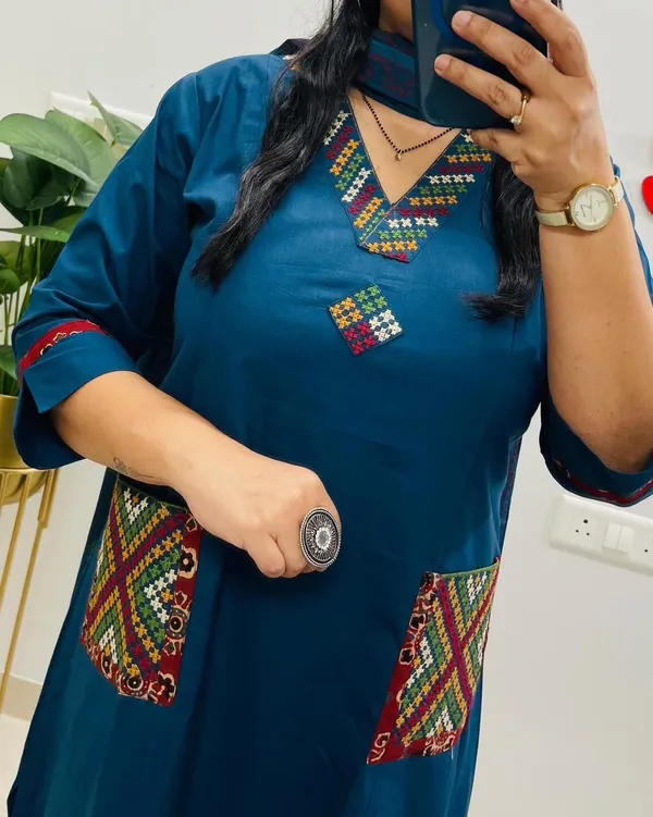 Floral_embroidered_Pure_Cotton_V_Neck_Blue_Kurta_Trouser_&_Dupatta_Set
