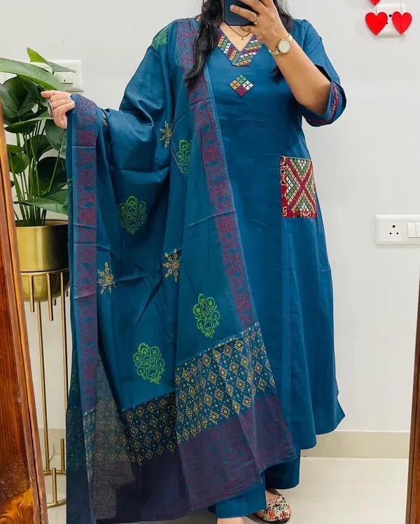 Floral_embroidered_Pure_Cotton_V_Neck_Blue_Kurta_Trouser_&_Dupatta_Set