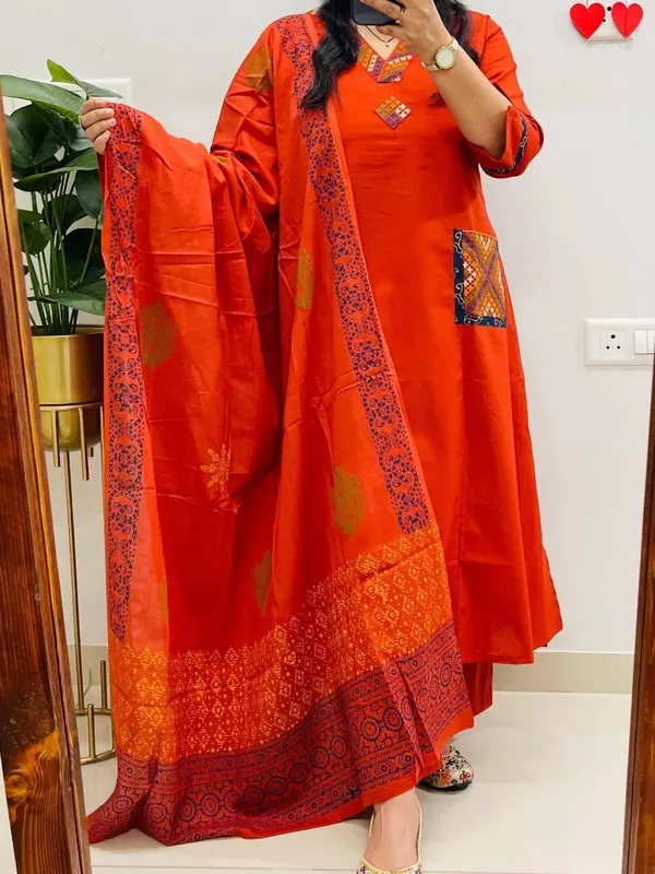 Floral_embroidered_Pure_Cotton_V_Neck_Orange_Kurta_Trouser_&_Dupatta_Set